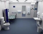 white room with an accessible toilet, changing bed and hoist